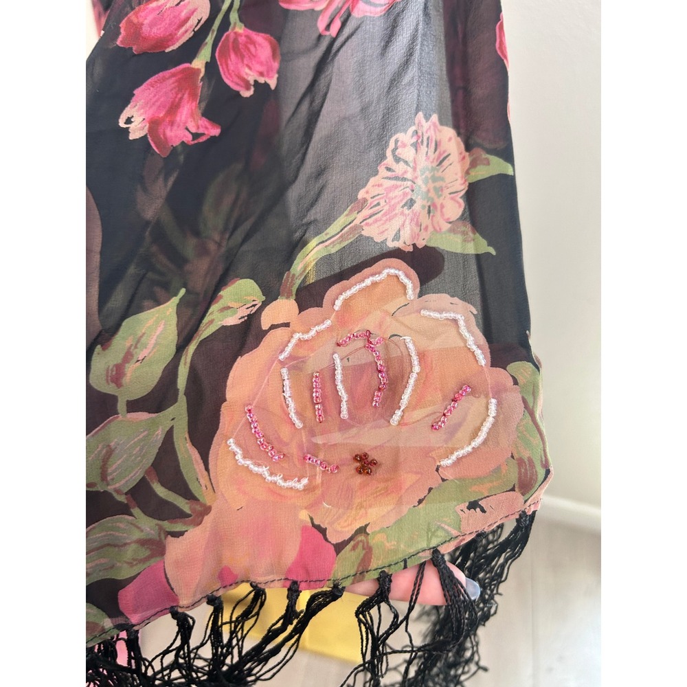 Sue Wong Nocturne 100% Silk Floral Beaded Fringe Scarf Black Pink Wrap Shawl - Picture 4 of 5